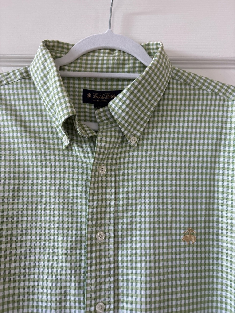 Brooks Brothers Green and White Gingham Button-Down Shirt Sz XL Sheep Logo